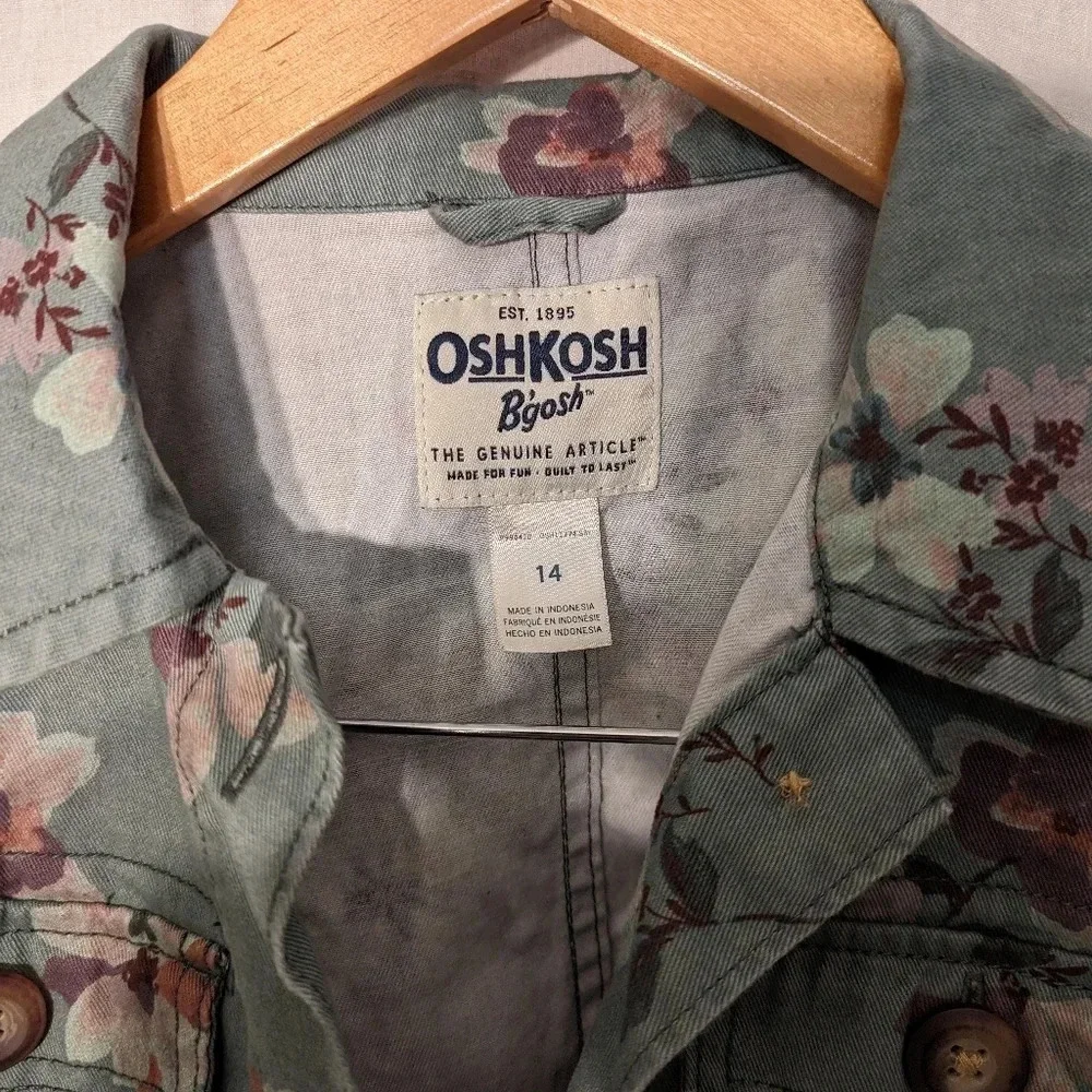Oshkosh B'gosh green floral print denim jacket, girls size 14   G4